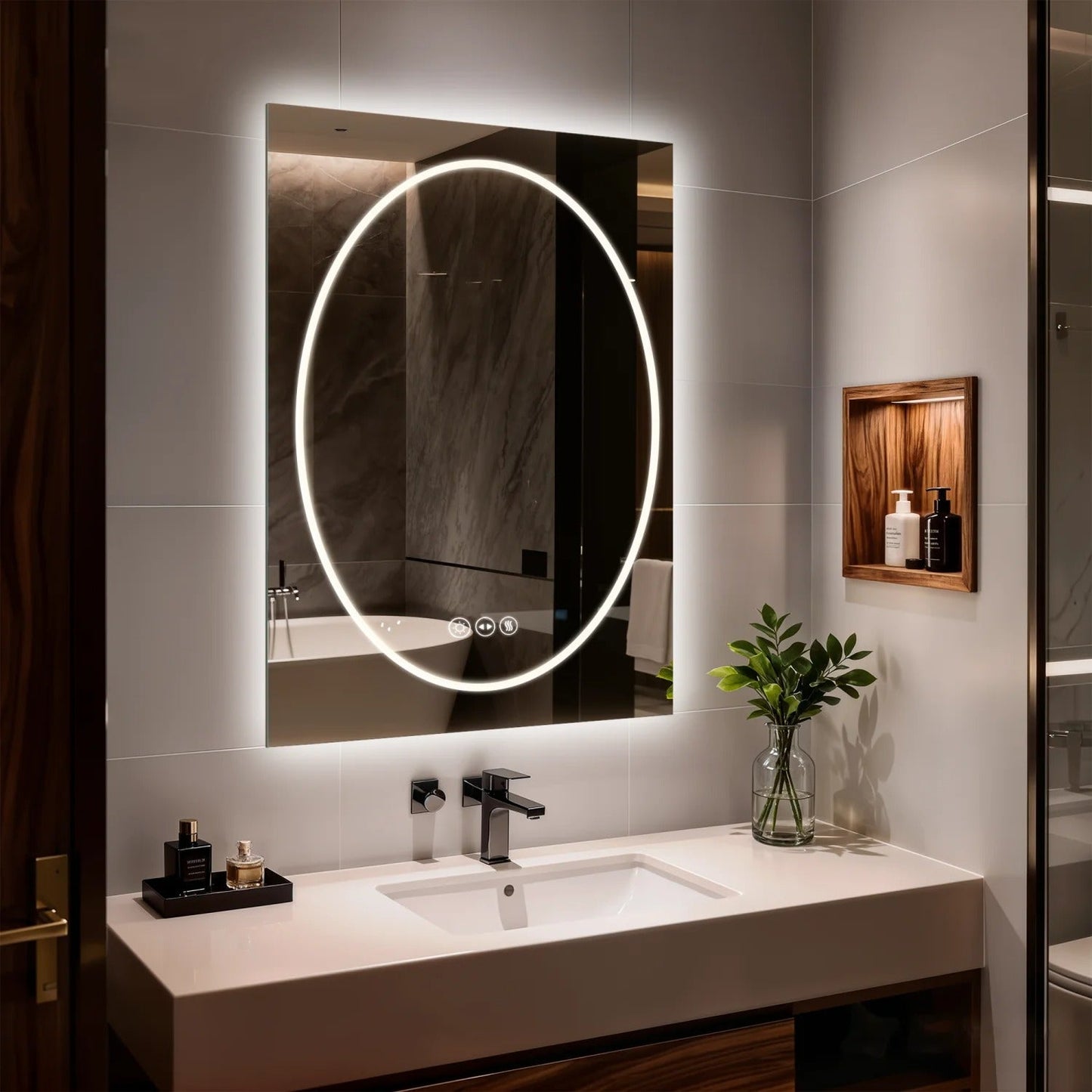 Frameless Double LED Lighted Bathroom Mirror, Rectangle & Round Tempered Glass Frontlit and Backlit Antifog