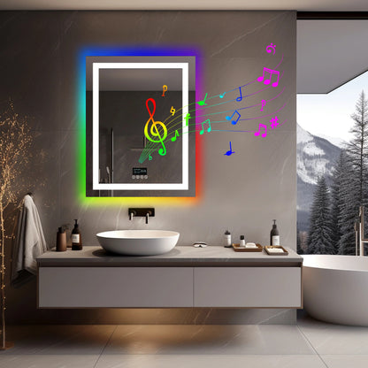 Rectangle Glitzy RGB，Smart LED mirror With Bluetooth Speakers，Double Light LED Bathroom Mirror ，Anti-Fog