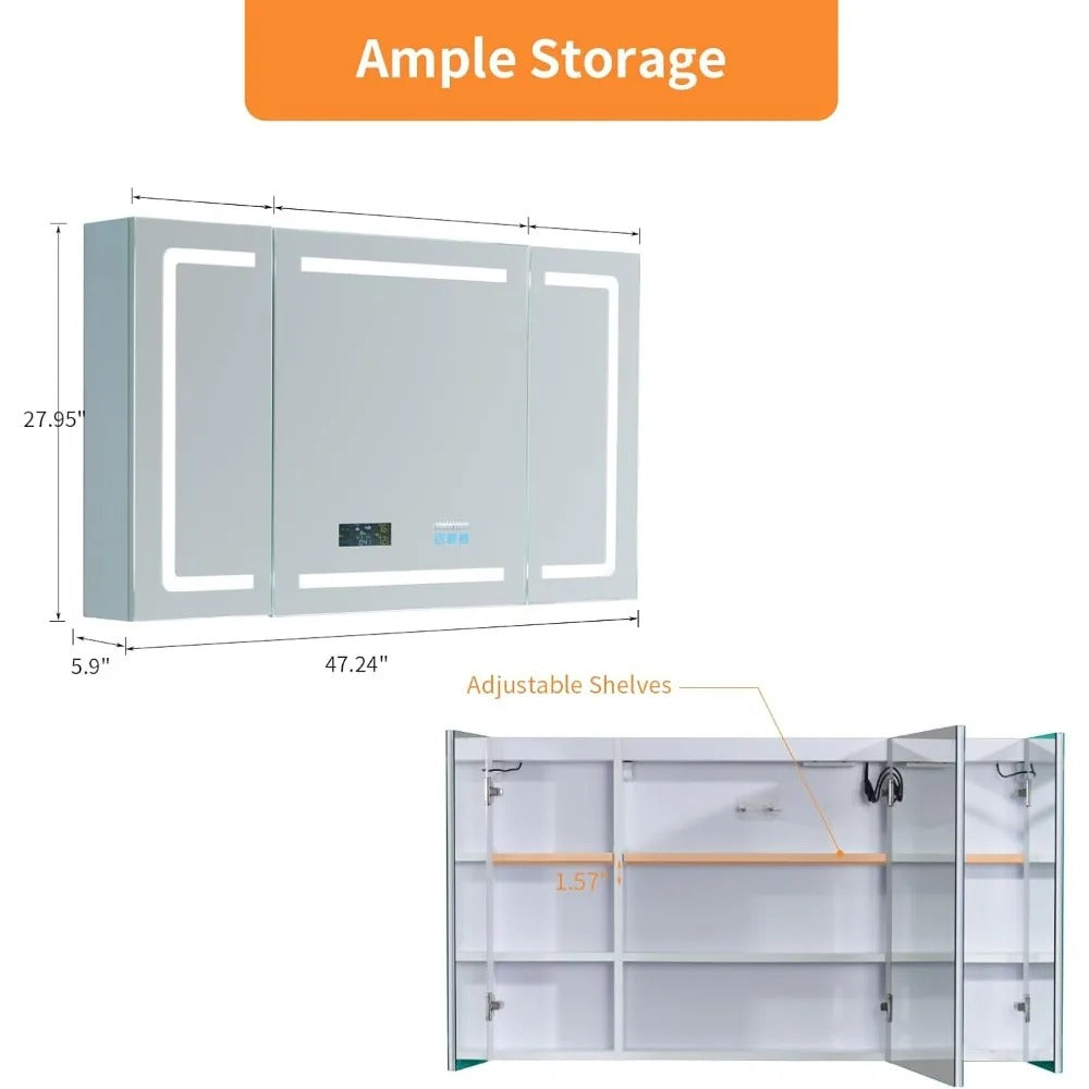 Large LED Medicine Cabinet with Smart Mirror,48" Wide with Bluetooth Speaker, Clock & Temperature Display, UC04