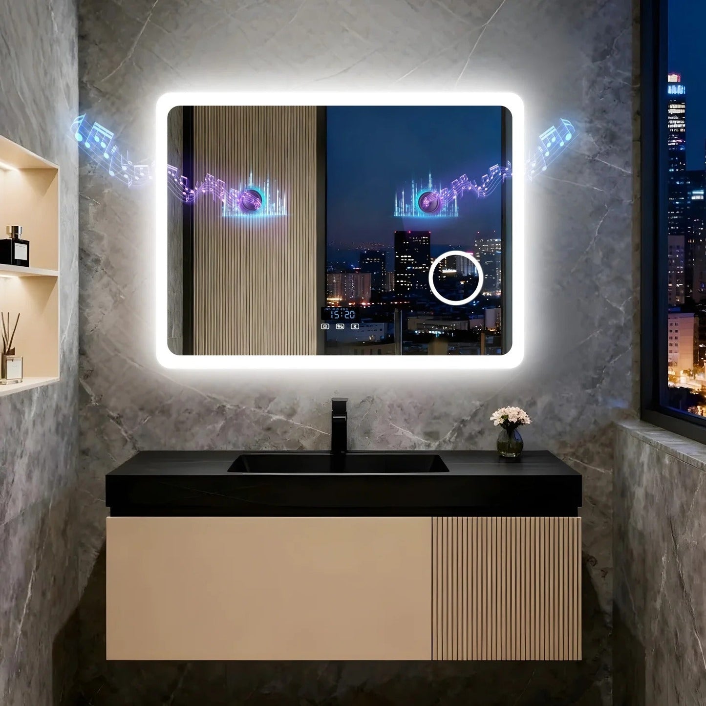 Rectangle Bluetooth LED Bathroom Mirror – Anti-Fog Vanity Mirror with 3X Magnifier, Dimmable Touch Light, Date & Time Display