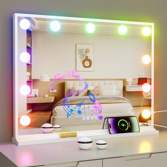32”x24” Hollywood Lighted Makeup Mirror – Large Rectangle Tabletop RGB Vanity Mirror with Bluetooth Speakers, USB Charging & Phone Stand