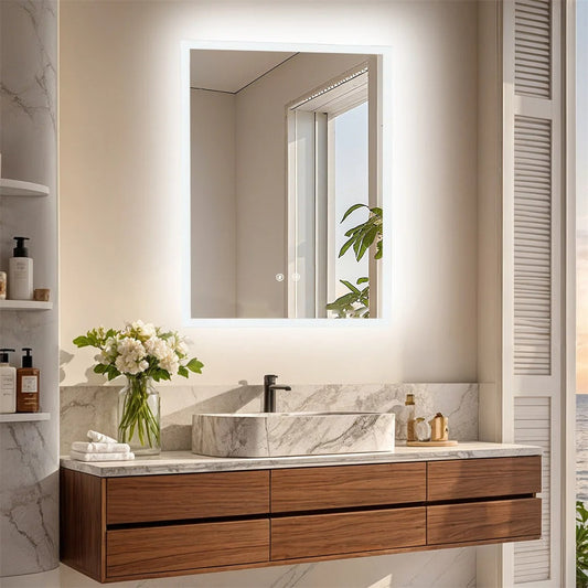 Backlit Rectangle Vanity Mirror with Touch Sensor & Anti-Fog Function, Wall-Mounted LED Bathroom Mirror