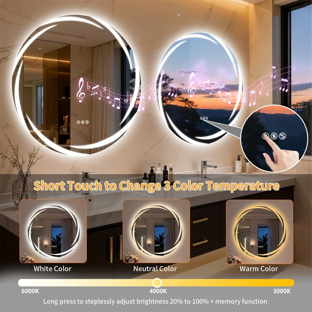 32" Round Bluetooth Bathroom Mirror with Double Speakers,Defog,Dimming & Memory Function