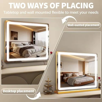 23"x18" Hollywood Vanity Mirror with LED Lights, 3 Color Modes & Adjustable Brightness in Gold - M010