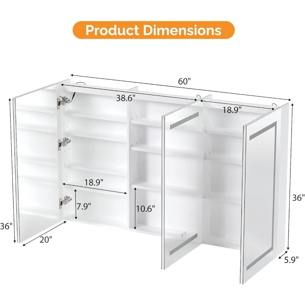 Extra Large 60 x 36 Inch Bathroom Medicine Cabinet with LED Mirror – 3-Door Wall-Mounted Storage Cabinet，UC03