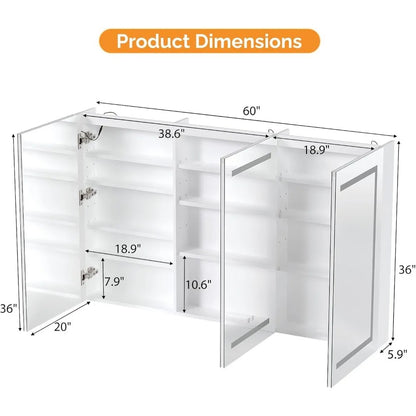 Extra Large 60 x 36 Inch Bathroom Medicine Cabinet with LED Mirror – 3-Door Wall-Mounted Storage Cabinet，UC03