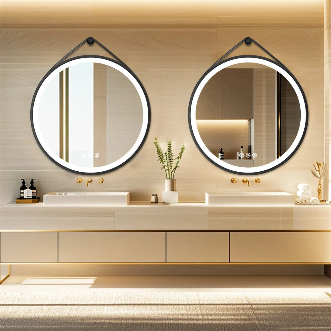 Black Frame with leather rope Round LED Bathroom Mirror with Front Light,Wall Mounted Lighted Vanity Mirror, Anti-Fog & Dimmable