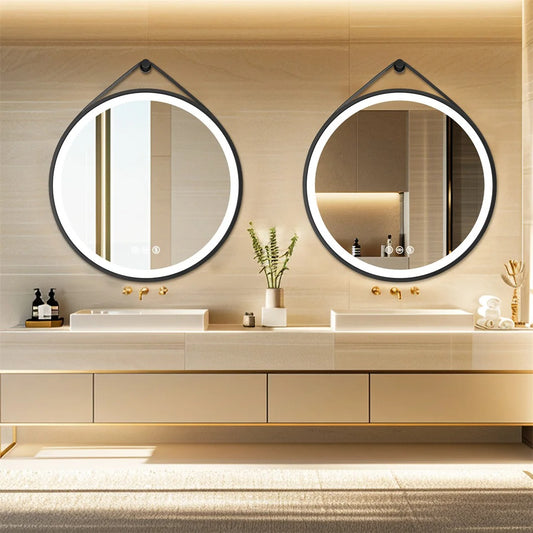 Black Frame with leather rope Round LED Bathroom Mirror with Front Light,Wall Mounted Lighted Vanity Mirror, Anti-Fog & Dimmable