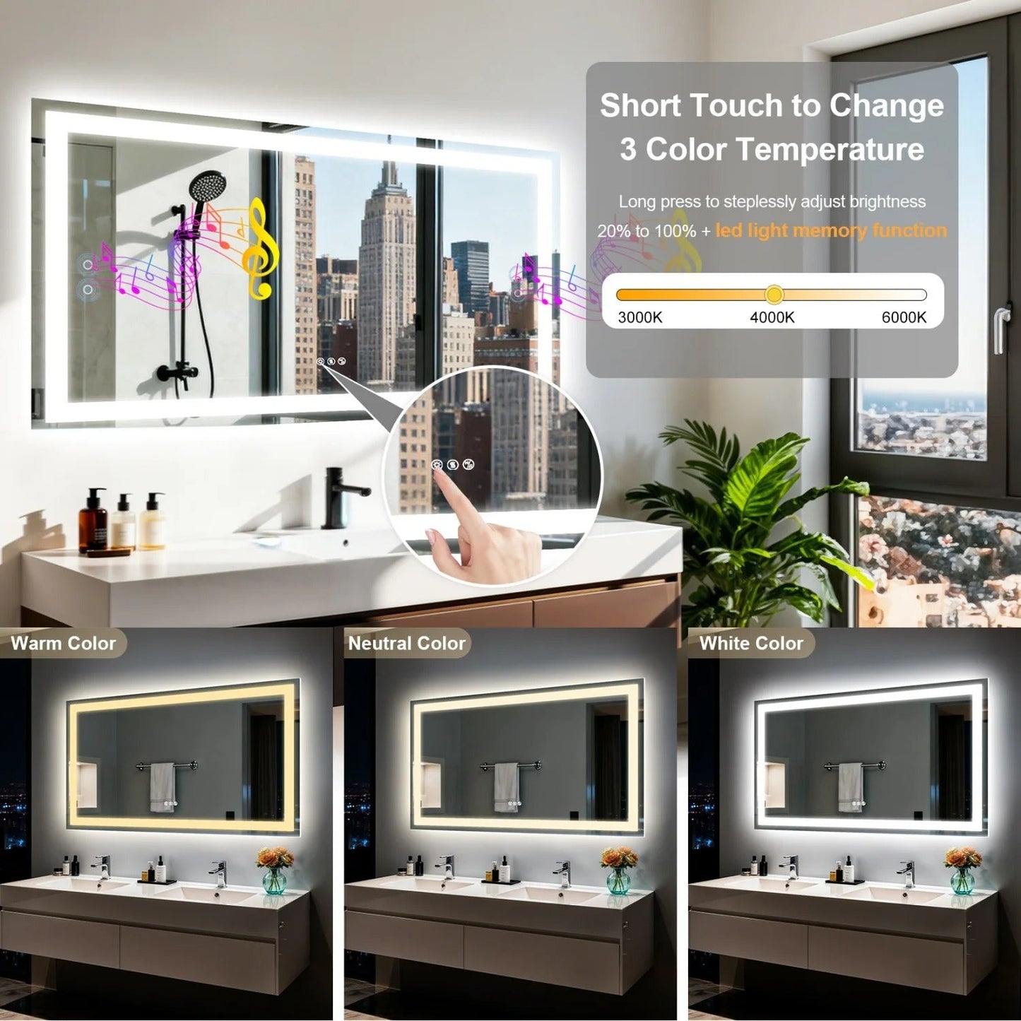 Rectangle LED Bathroom Mirror with Bluetooth Speaker 3 Colors Dimmable Defog Vanity Mirror
