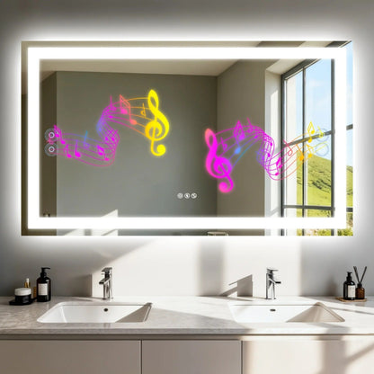 Rectangle LED Bathroom Mirror with Bluetooth Speaker 3 Colors Dimmable Defog Vanity Mirror