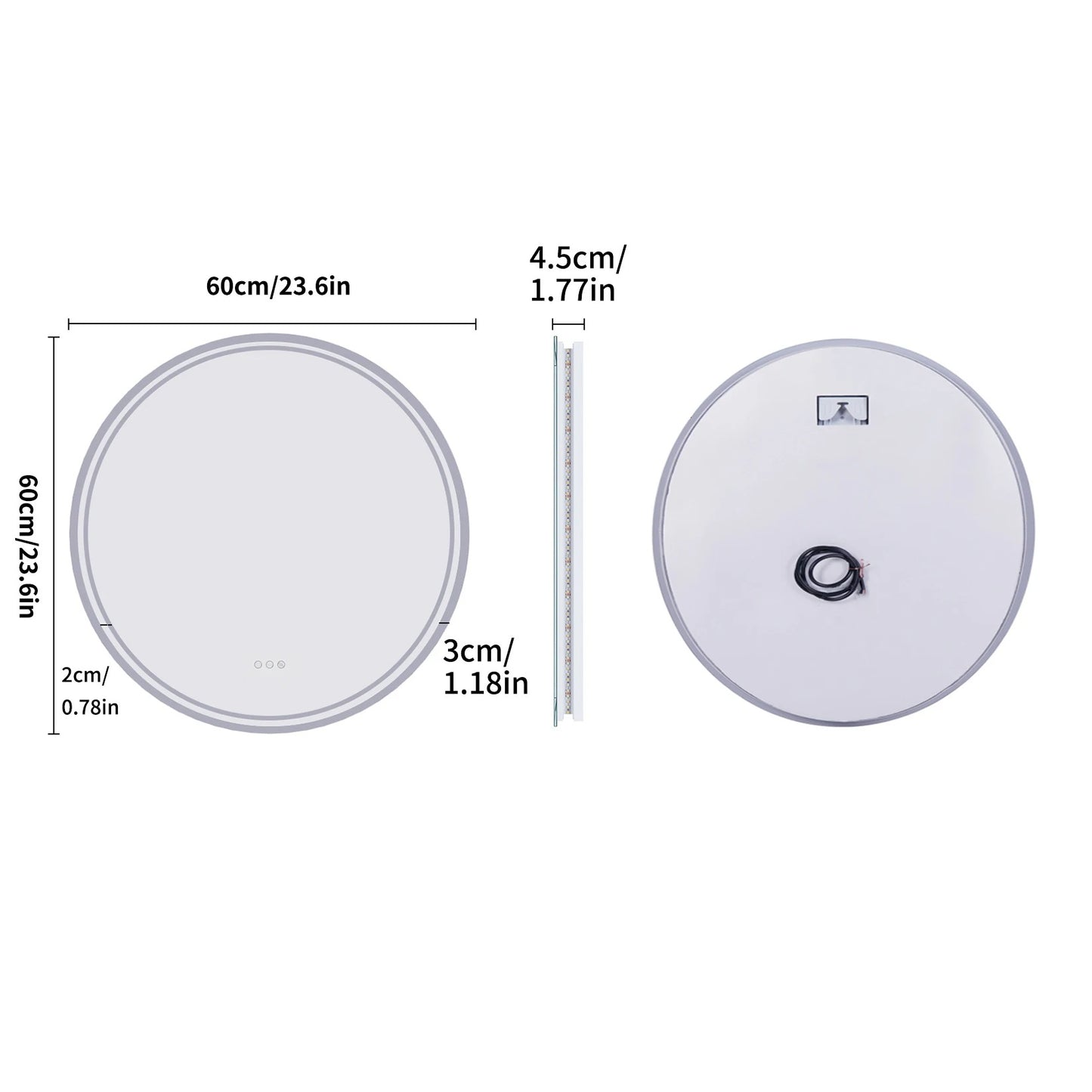 Backlit Light 60 cm & 80 cm LED Circle Bathroom Mirror, with Backlit Illumination, Wall Mounted, Anti-Fog, 3 Color Settings