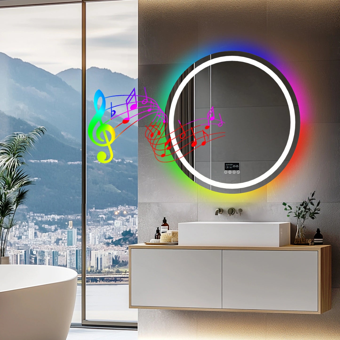 Round Glitzy RGB，Smart LED mirror With Bluetooth Speakers，Double Light LED Bathroom Mirror ，Anti-Fog