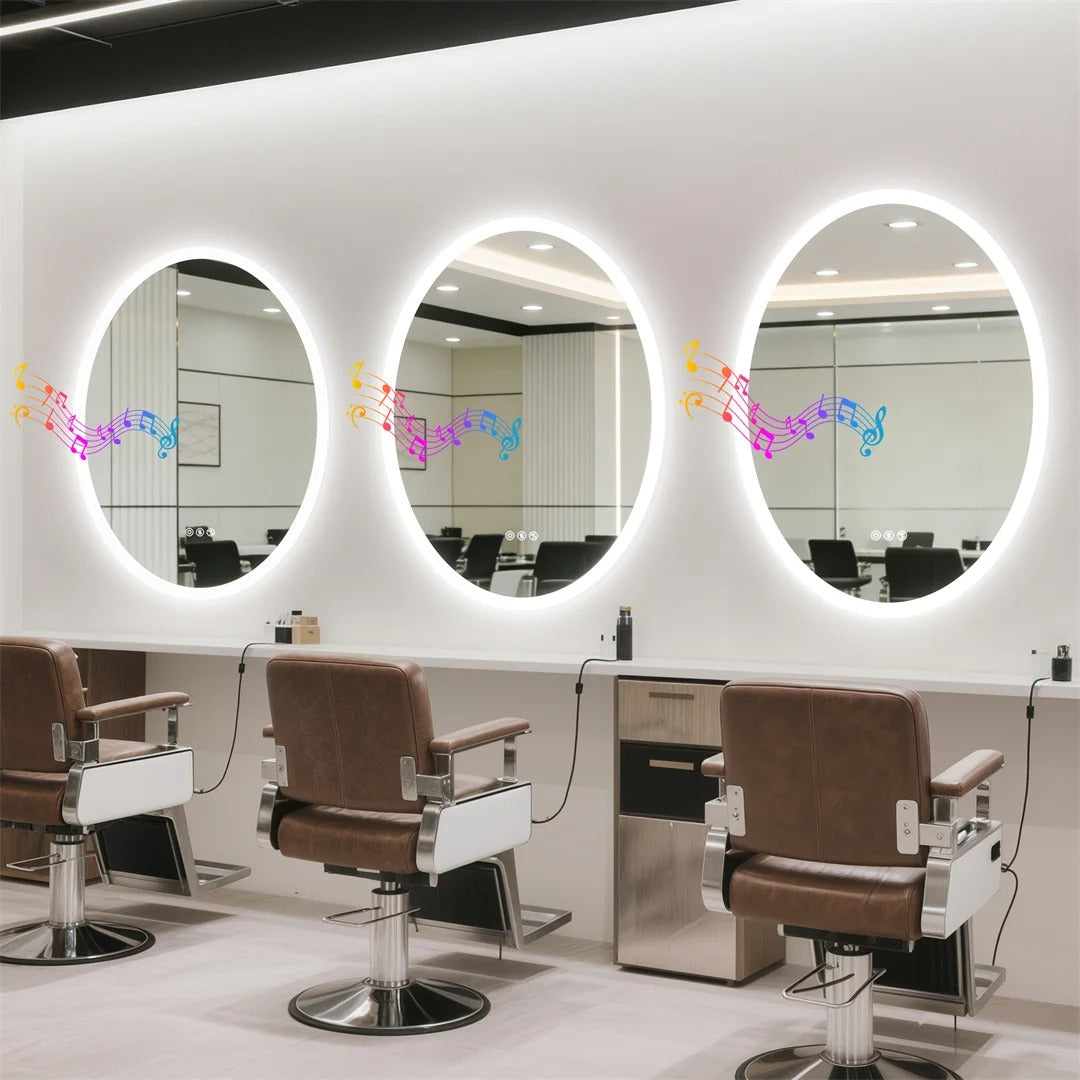 Oval Smart Bluetooth LED Bathroom Mirror with Double NdFeB Speakers,Smart Memory Dimming Lighted Anit-fog Mirror
