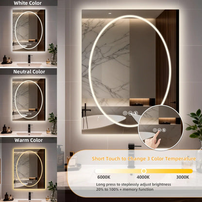Frameless Double LED Lighted Bathroom Mirror, Rectangle & Round Tempered Glass Frontlit and Backlit Antifog