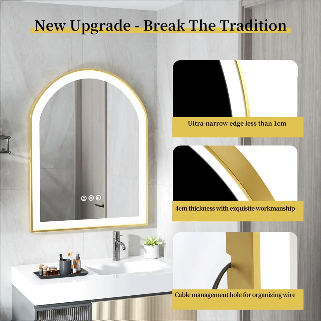 Arched Gold Aluminum Frame Front-lit Arched Gold Aluminum Frame LED Illuminated Bathroom Smart Mirror, 3 Colors Dimming, Defog and Memory Function