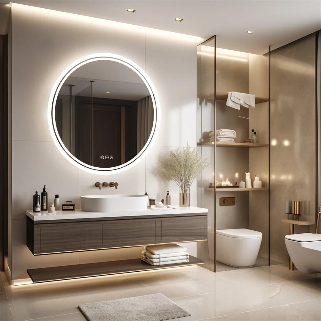 Backlit Light 60 cm & 80 cm LED Circle Bathroom Mirror, with Backlit Illumination, Wall Mounted, Anti-Fog, 3 Color Settings