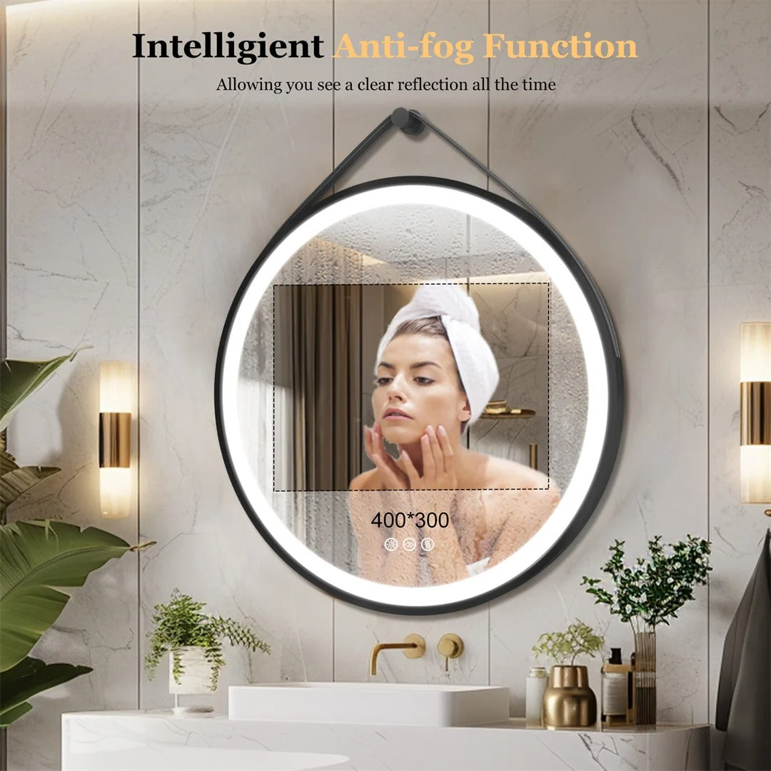 Black Frame with leather rope Round Mirror,Bathroom Mirror with Front Light,Wall Mounted Lighted Vanity Mirror, Anti-Fog & Dimmable