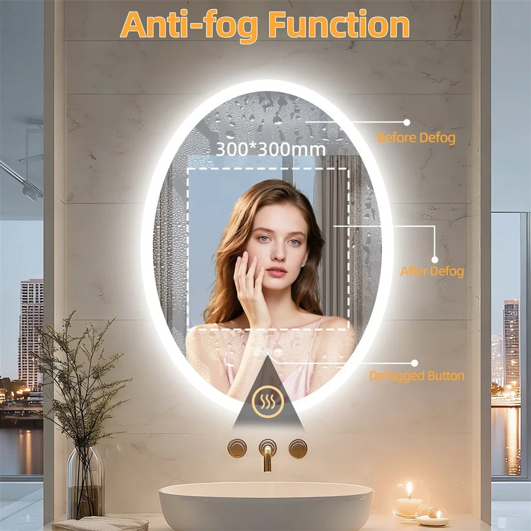 Oval Smart Bluetooth LED Bathroom Mirror with Double NdFeB Speakers,Smart Memory Dimming Lighted Anit-fog Mirror