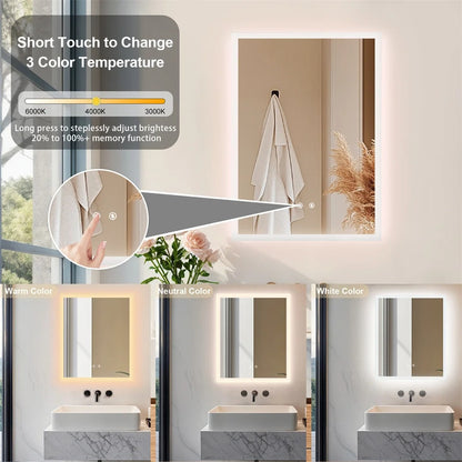 Backlit Rectangle Vanity Mirror with Touch Sensor & Anti-Fog Function, Wall-Mounted LED Bathroom Mirror