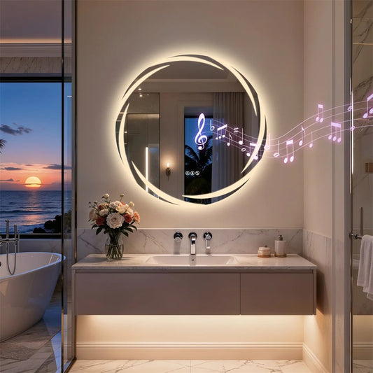 32" Round Bluetooth Bathroom Mirror with Double Speakers,Defog,Dimming & Memory Function