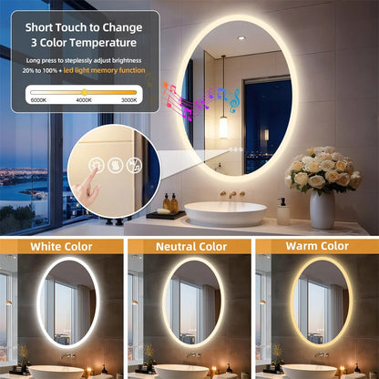 Oval Smart Bluetooth LED Bathroom Mirror with Double NdFeB Speakers,Smart Memory Dimming Lighted Anit-fog Mirror