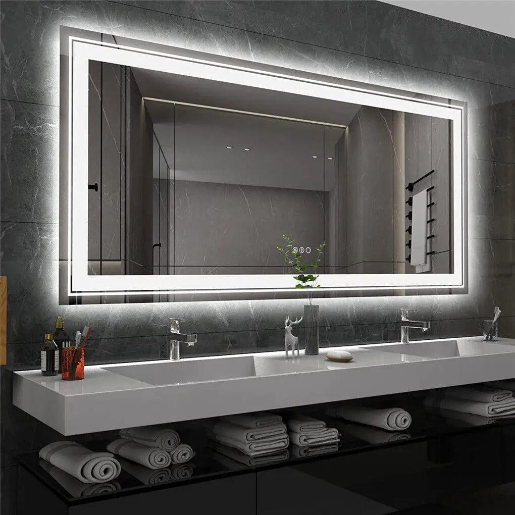 Large Rectangle Double Lights LED Bathroom Mirror Illuminated Dimmable Vanity Mirror with Anti-Fog, 3 Color