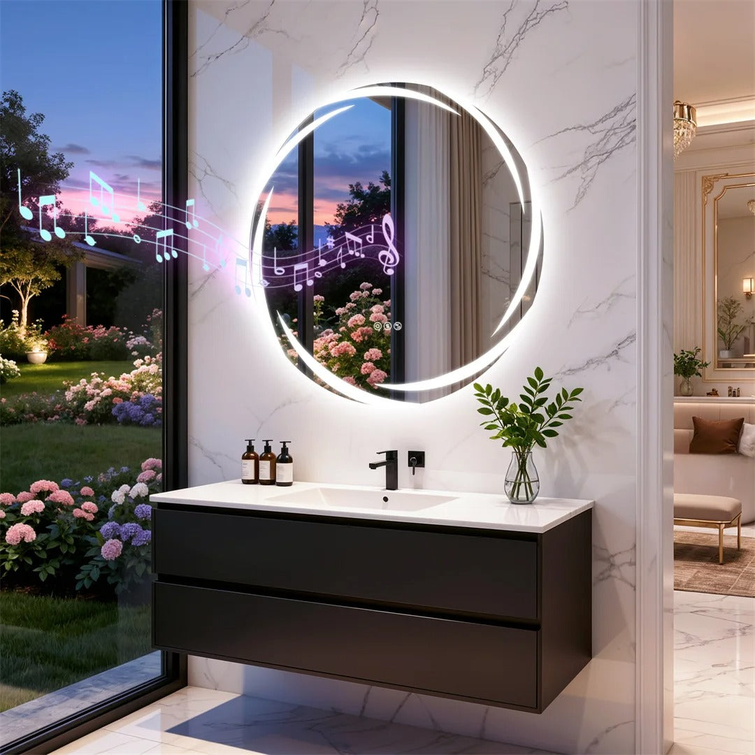 32" Round Bluetooth Bathroom Mirror with Double Speakers,Defog,Dimming & Memory Function
