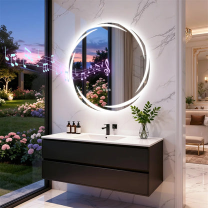 32" Round Bluetooth Bathroom Mirror with Double Speakers,Defog,Dimming & Memory Function