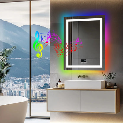 70*90CM Smart Bluetooth Rectangle RGB LED Bathroom Mirror, Anti-Fog, Backlit Lighted Bathroom Mirror with Speaker