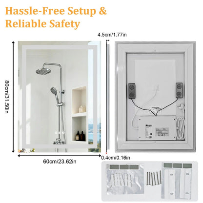 Rectangle LED Bathroom Mirror with Bluetooth Speaker 3 Colors Dimmable Defog Vanity Mirror