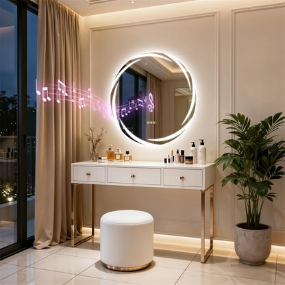 32" Round Bluetooth Bathroom Mirror with Double Speakers,Defog,Dimming & Memory Function