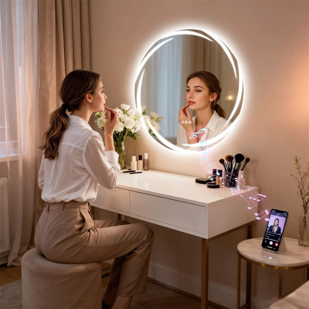 32" Round Bluetooth Bathroom Mirror with Double Speakers,Defog,Dimming & Memory Function