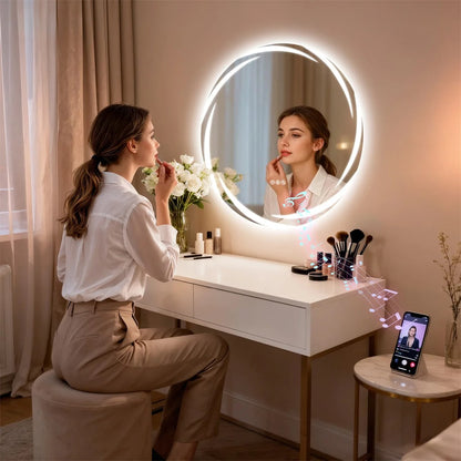 32" Round Bluetooth Bathroom Mirror with Double Speakers,Defog,Dimming & Memory Function