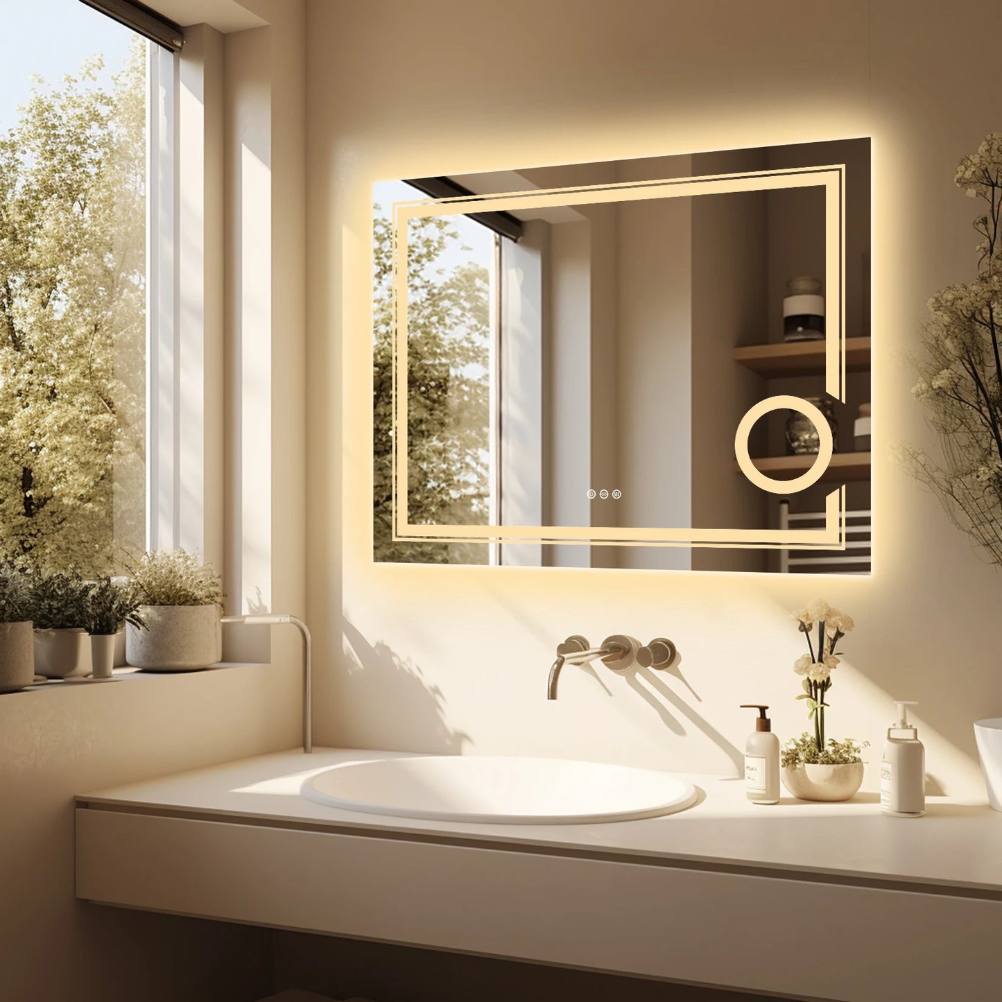 Double lights Smart LED Rectangle Bathroom Mirror with 3X Lighted Magnifier,  Front Backlit Dimmable Anti-Fog