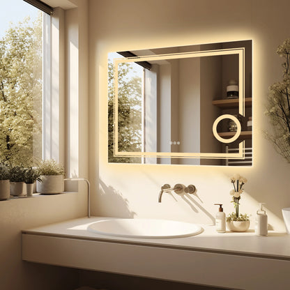Double lights Smart LED Rectangle Bathroom Mirror with 3X Lighted Magnifier,  Front Backlit Dimmable Anti-Fog