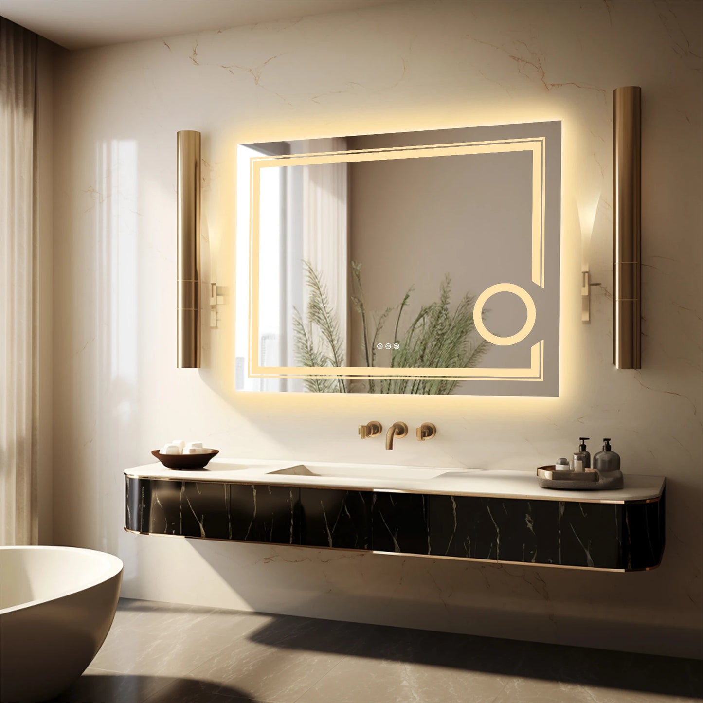 Double lights Smart LED Rectangle Bathroom Mirror with 3X Lighted Magnifier,  Front Backlit Dimmable Anti-Fog