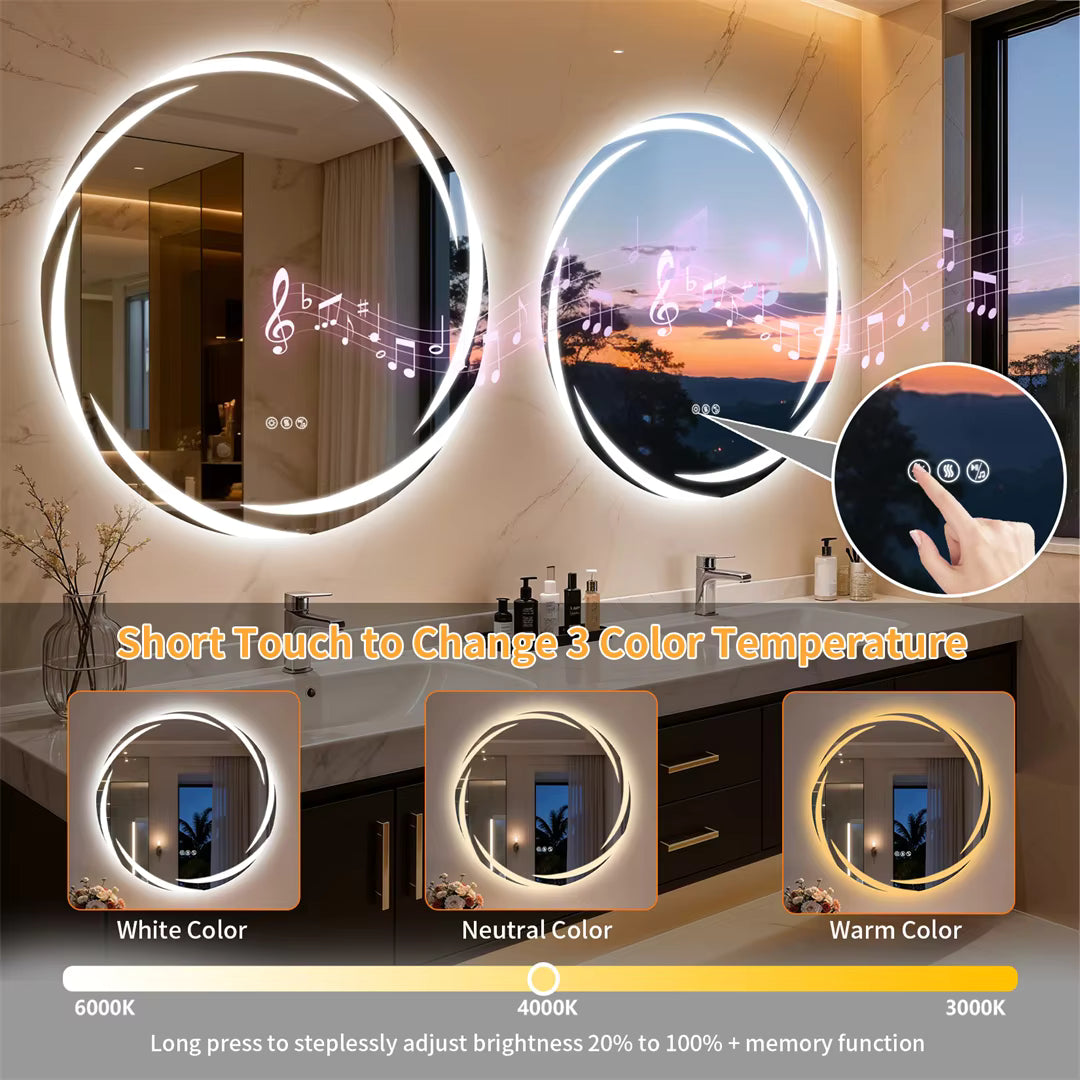 32" Round Bluetooth Bathroom Mirror with Double Speakers,Defog,Dimming & Memory Function