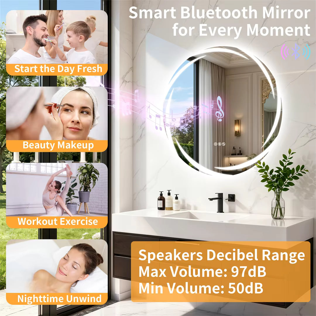 32" Round Bluetooth Bathroom Mirror with Double Speakers,Defog,Dimming & Memory Function