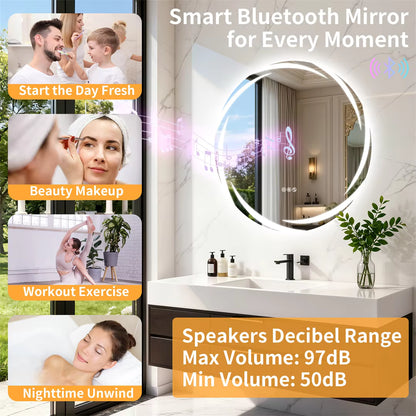 32" Round Bluetooth Bathroom Mirror with Double Speakers,Defog,Dimming & Memory Function