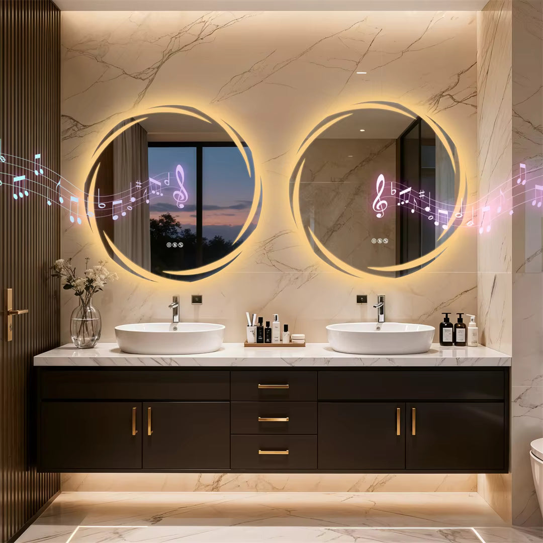 32" Round Bluetooth Bathroom Mirror with Double Speakers,Defog,Dimming & Memory Function