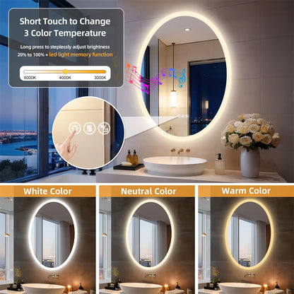 Oval Smart Bluetooth LED Bathroom Mirror with Double NdFeB Speakers,Smart Memory Dimming Lighted Anit-fog Mirror