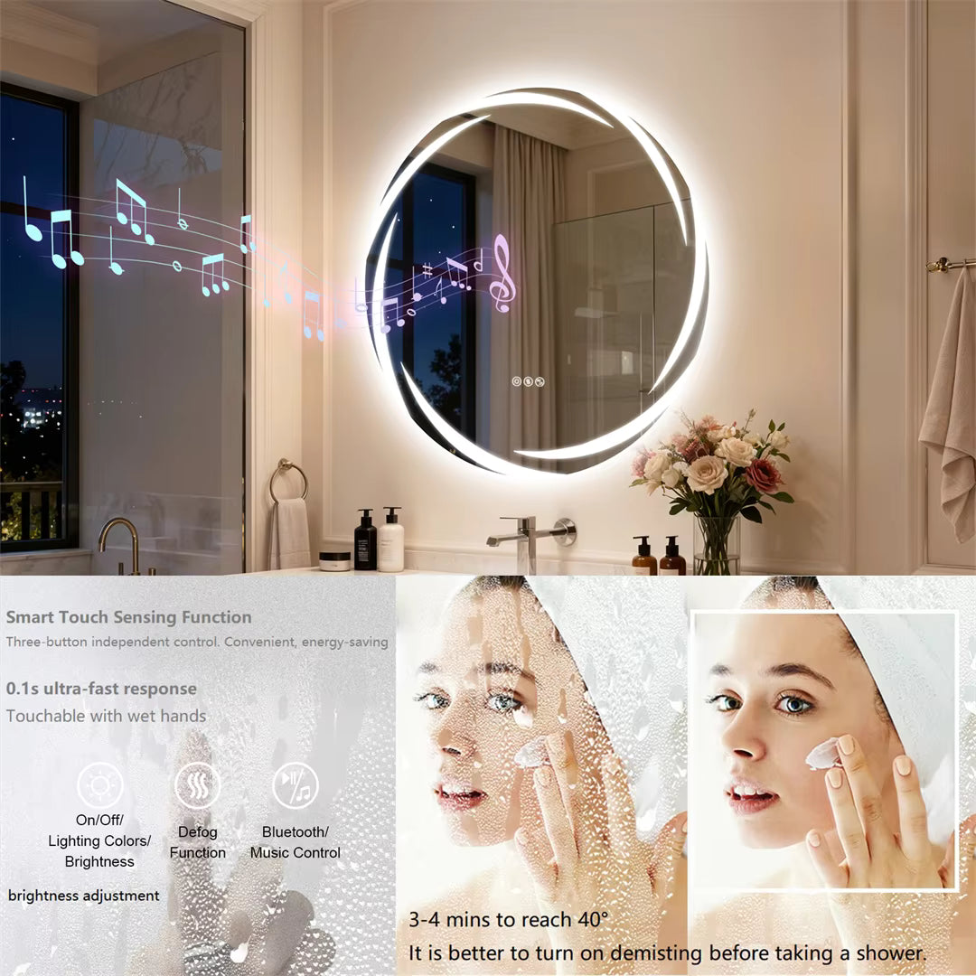 32" Round Bluetooth Bathroom Mirror with Double Speakers,Defog,Dimming & Memory Function