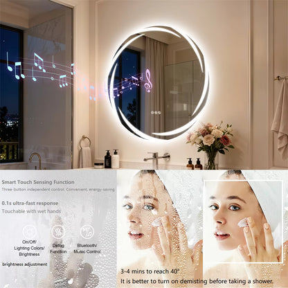 32" Round Bluetooth Bathroom Mirror with Double Speakers,Defog,Dimming & Memory Function