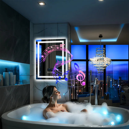 Smart Rectangle Bluetooth Bathroom Mirror with Time & Temperature Display, Double light，Dimmable LED, Anti-Fog, and Built-in Speaker