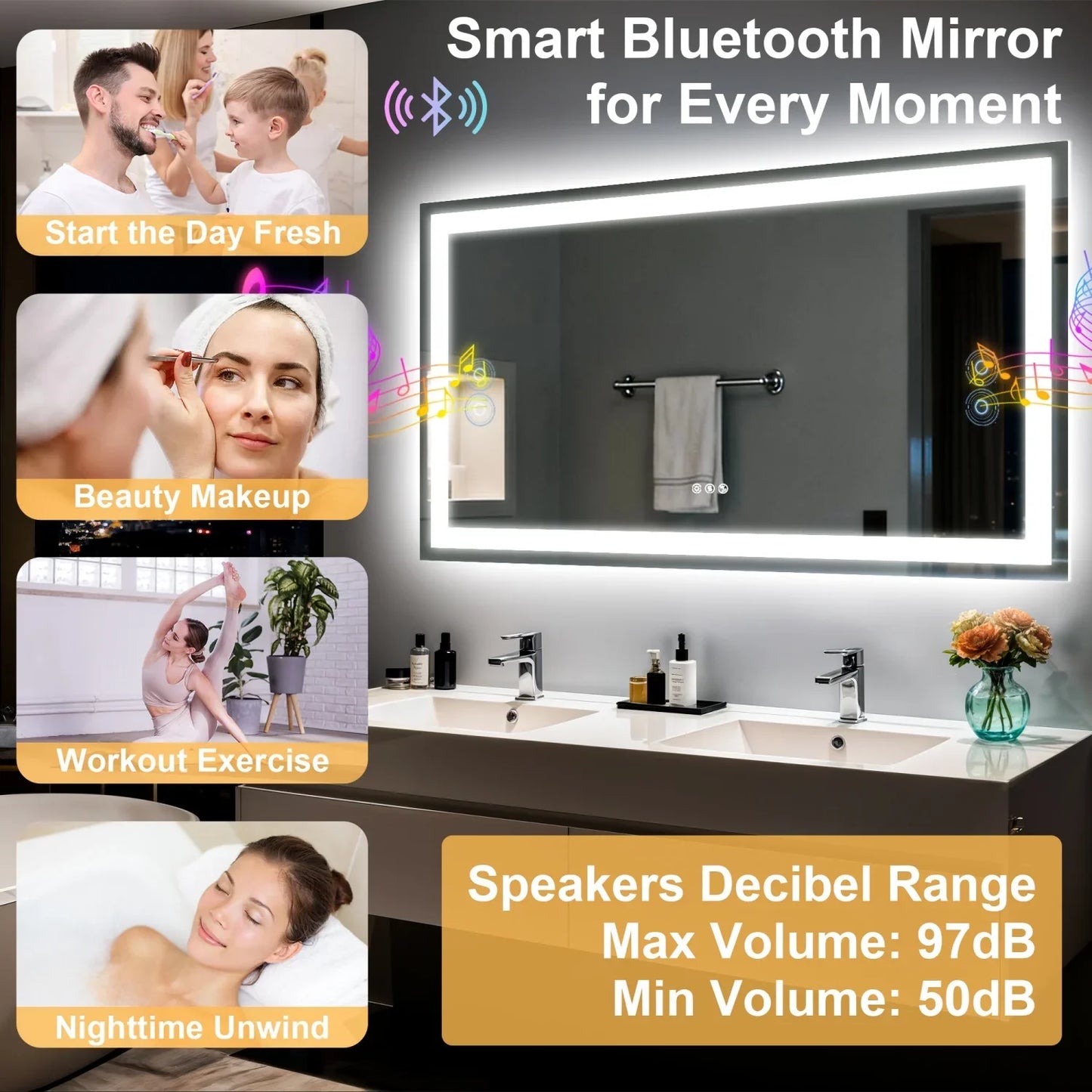 Rectangle LED Bathroom Mirror with Bluetooth Speaker 3 Colors Dimmable Defog Vanity Mirror