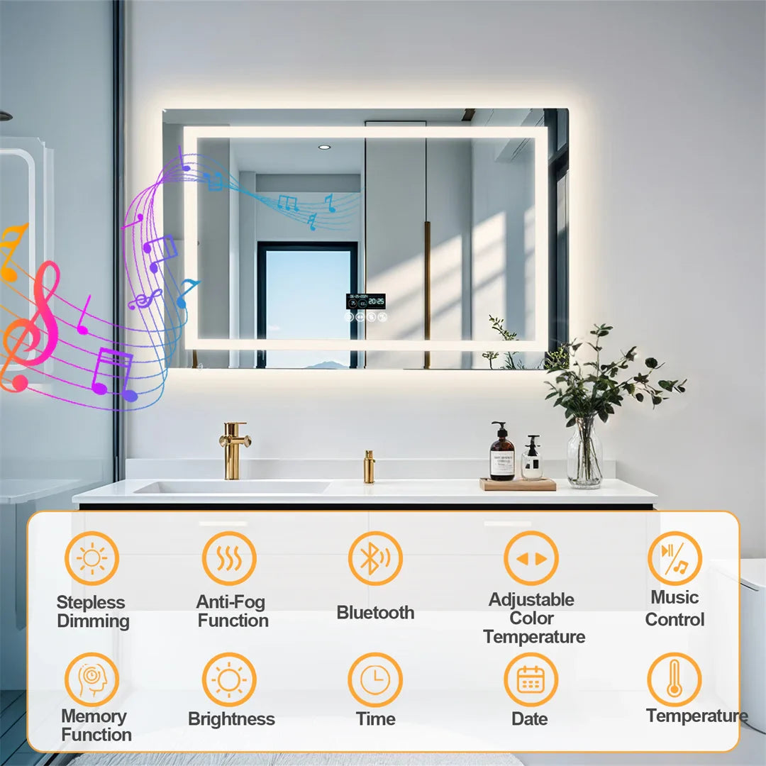 Rectangle Bluetooth Smart Bathroom Mirror  Illuminated Defog with Speakers and Time/Date/Temperature Display