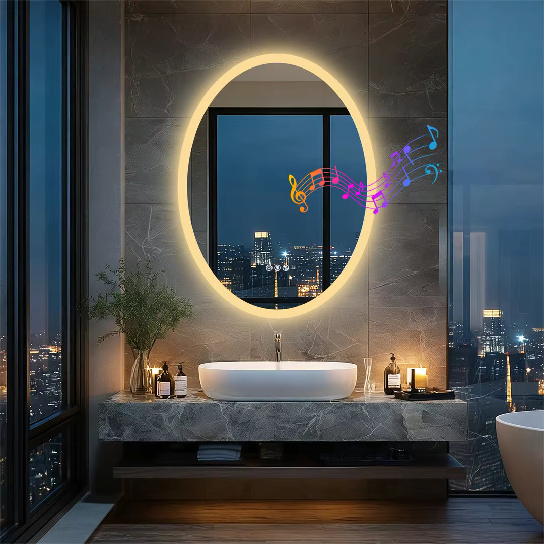 Oval Smart Bluetooth LED Bathroom Mirror with Double NdFeB Speakers,Smart Memory Dimming Lighted Anit-fog Mirror