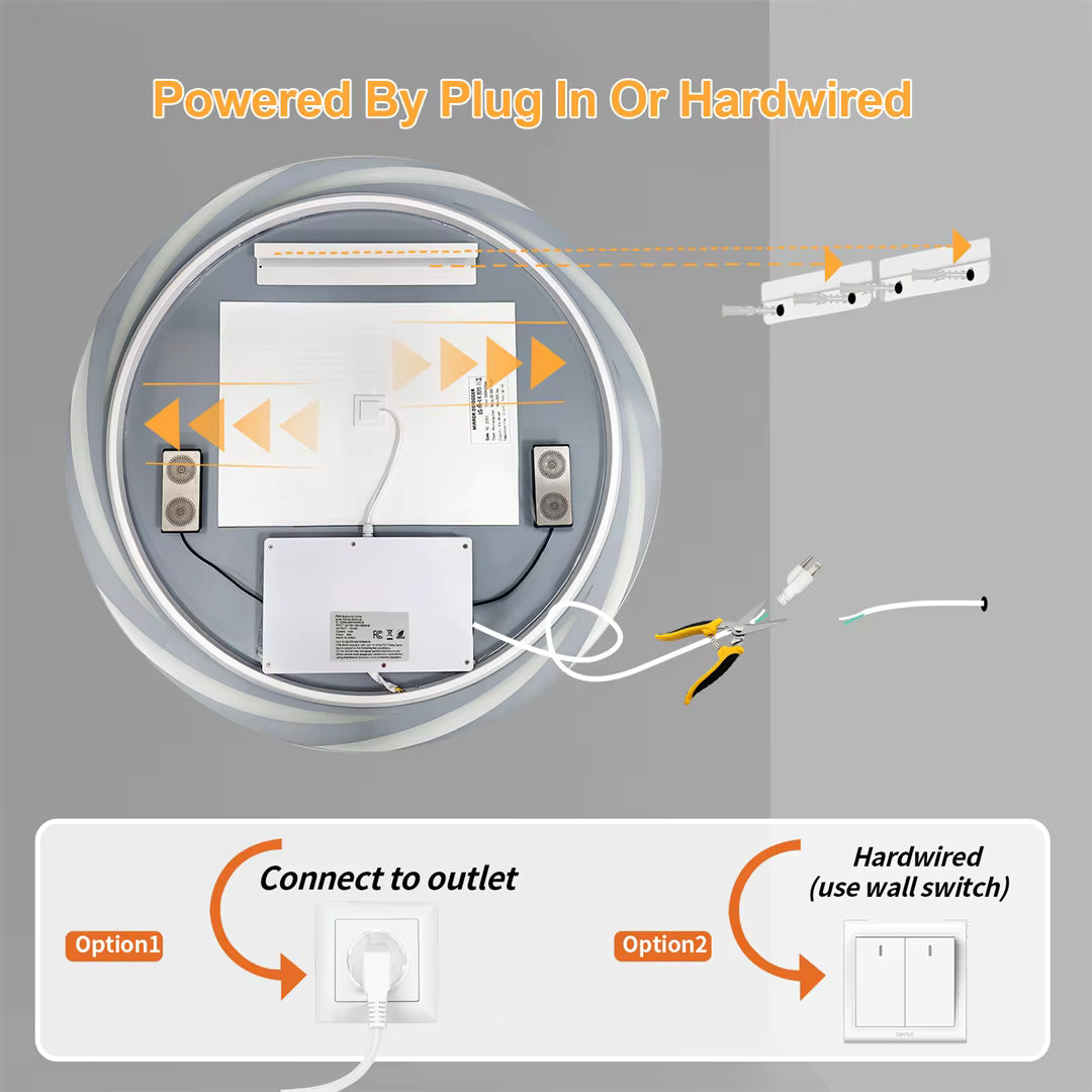 32" Round Bluetooth Bathroom Mirror with Double Speakers,Defog,Dimming & Memory Function