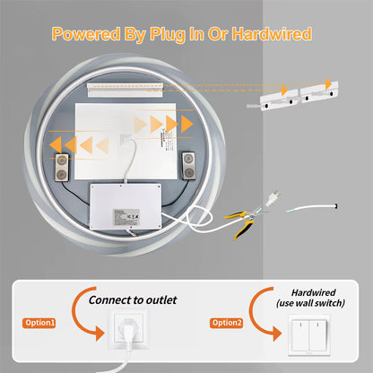 32" Round Bluetooth Bathroom Mirror with Double Speakers,Defog,Dimming & Memory Function