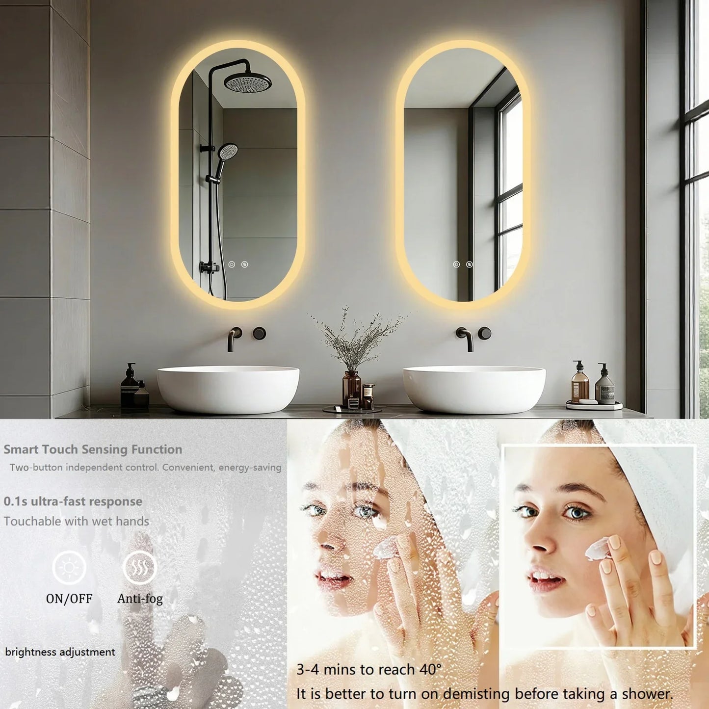 Long Oval LED Bathroom Mirror, Backlit Illuminated Bathroom Vanity Mirror, Memory Function Anti-Fog